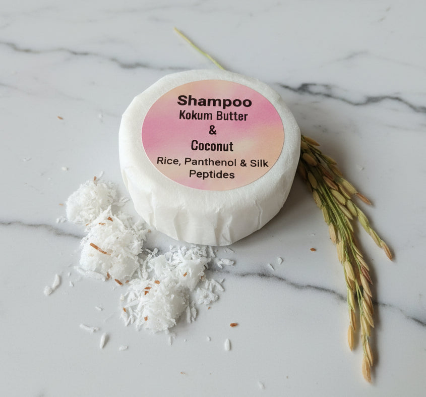 Kokum Butter & Coconut Shampoo Bar with Tallow, rice starch, silk peptides and panthenol.